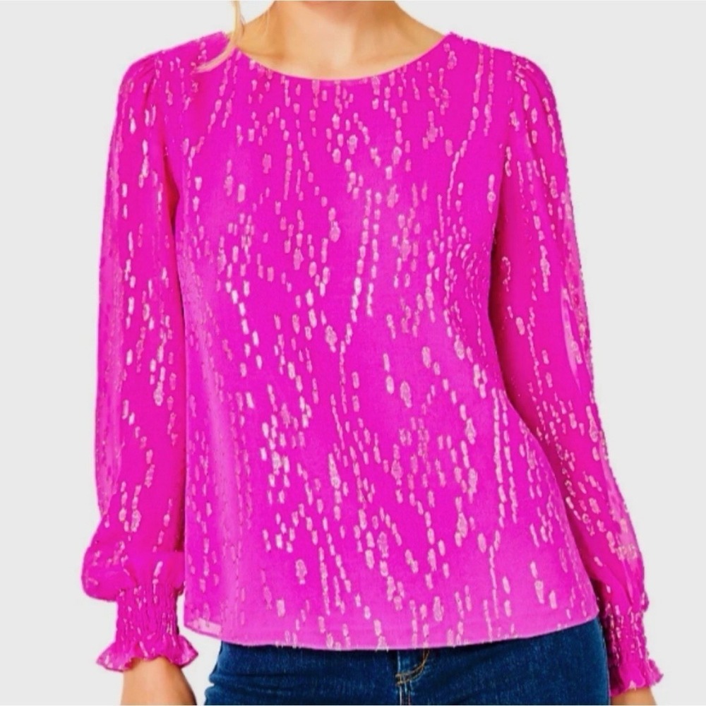 Lilly Pulitzer Pink Gold Metallic Fish Clip Silk Chiffon Idina Blouse Size XS‎